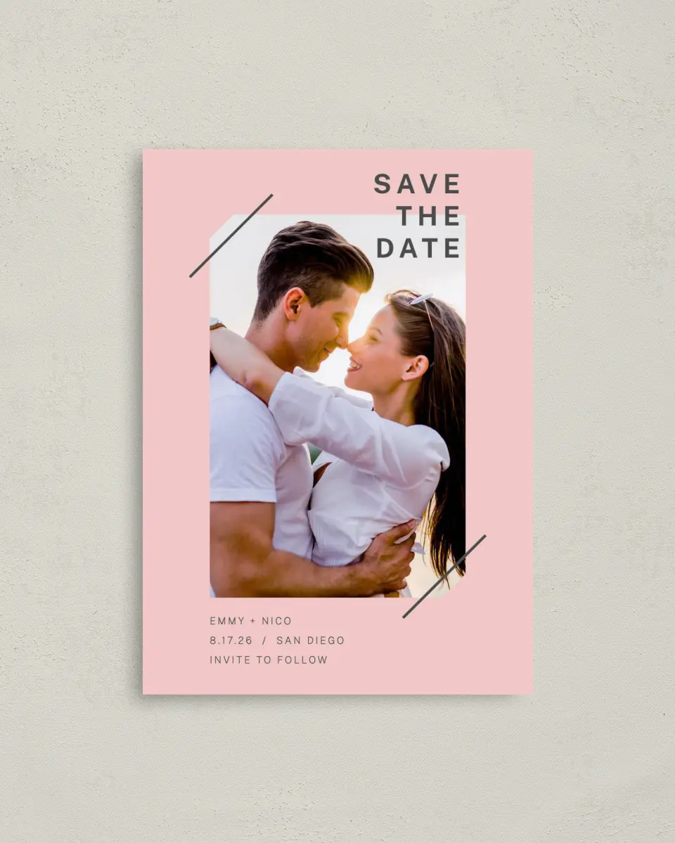 This is a 4" x 5.6" Save the Date Postcard called Minimal Mod printed in full color on Soft Touch Finish paper