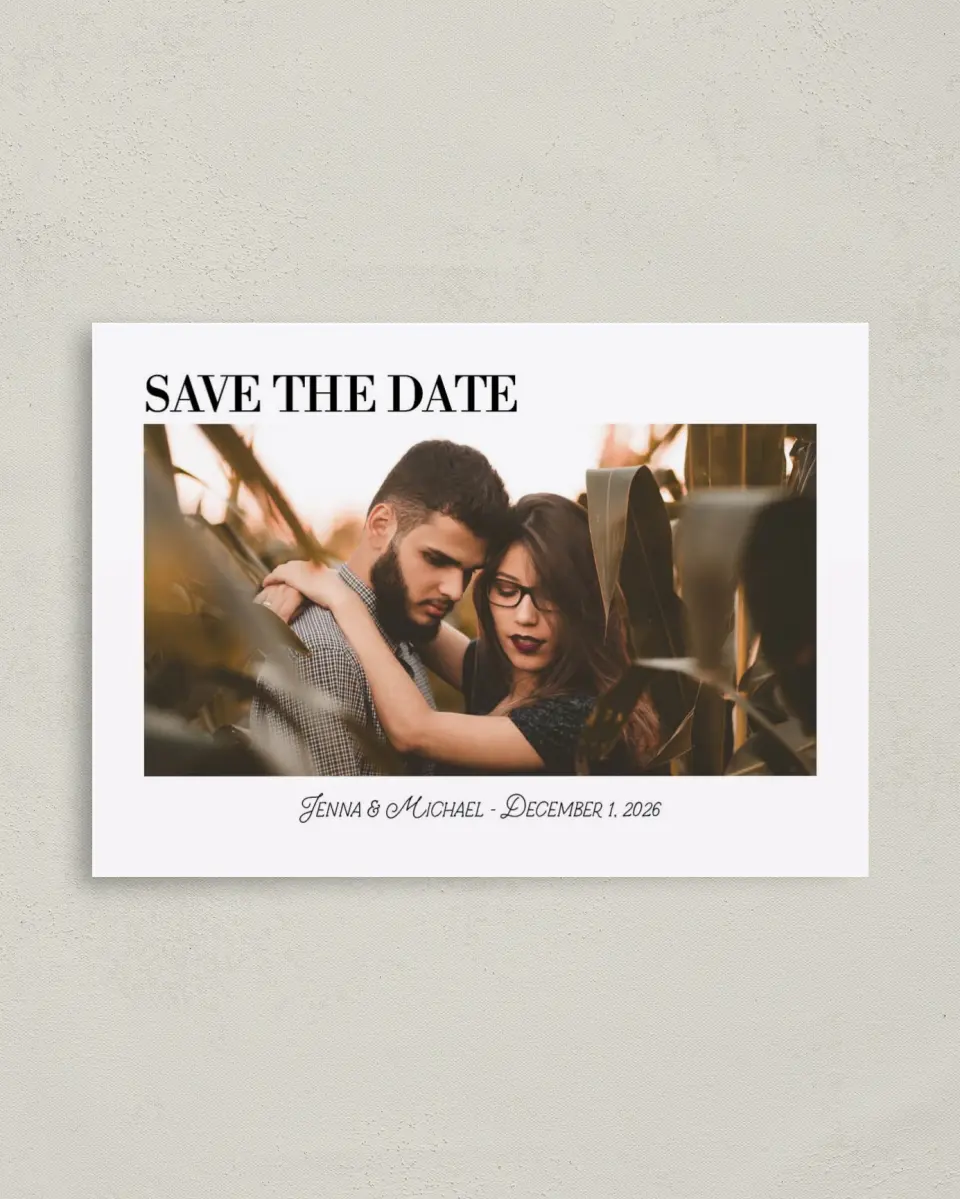 This is a 4" x 5.6" Save the Date Postcard called Simply True printed in full color on Soft Touch Finish paper