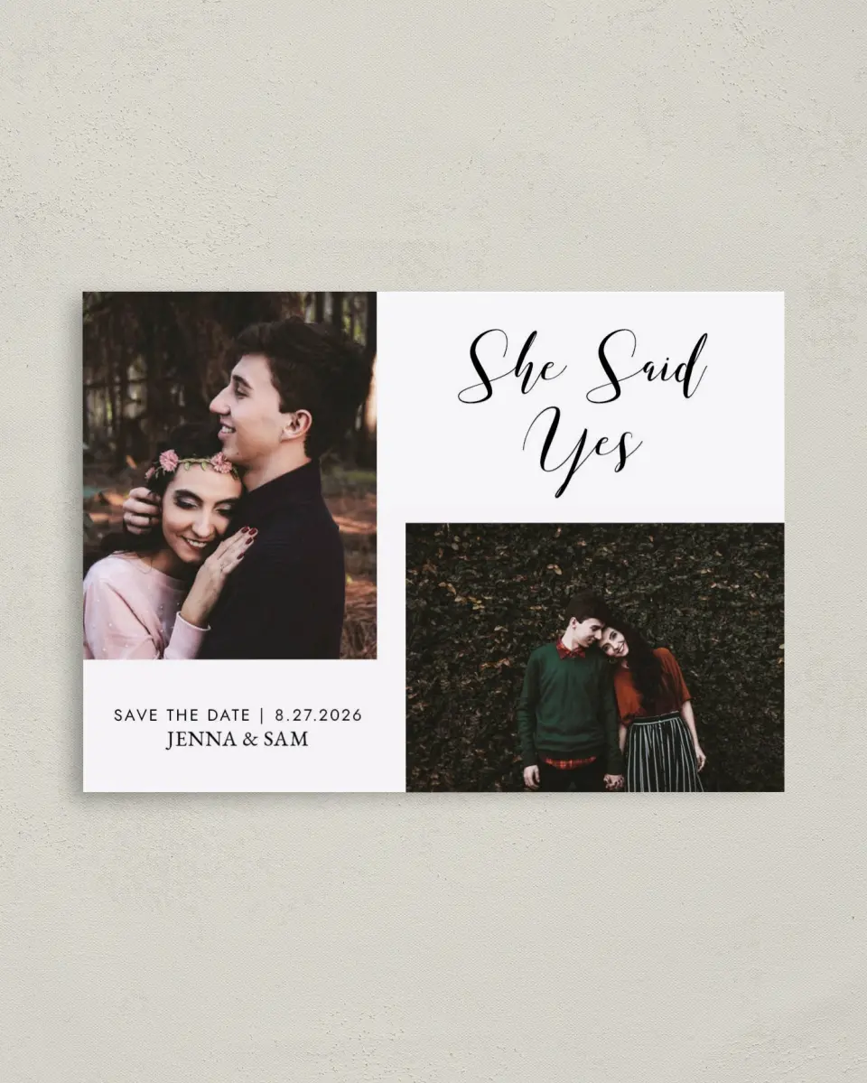 This is a 4" x 5.6" Save the Date Postcard called Love's Whisper printed in full color on Soft Touch Finish paper
