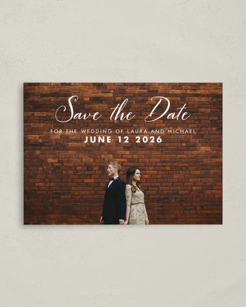 This is a 4" x 5.6" Save the Date Postcard called Waiting for You printed in full color on Soft Touch Finish paper