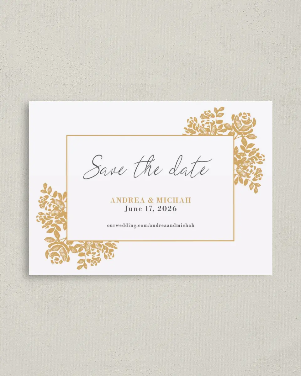 This is a 4" x 5.6" Save the Date Postcard called Etched Elegance printed in full color on Soft Touch Finish paper