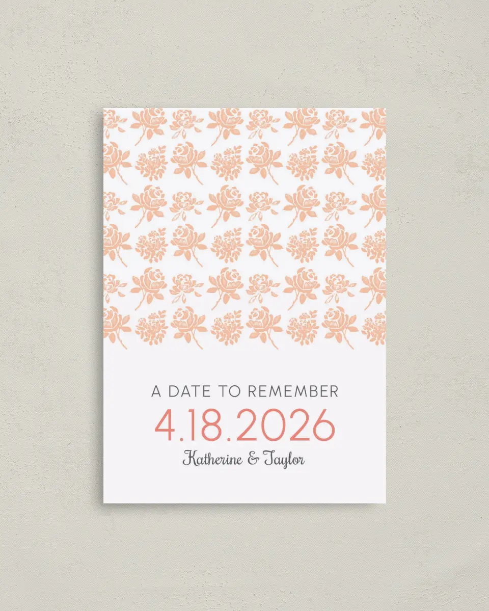 This is a 4" x 5.6" Save the Date Postcard called Elegant Floral printed in full color on Soft Touch Finish paper