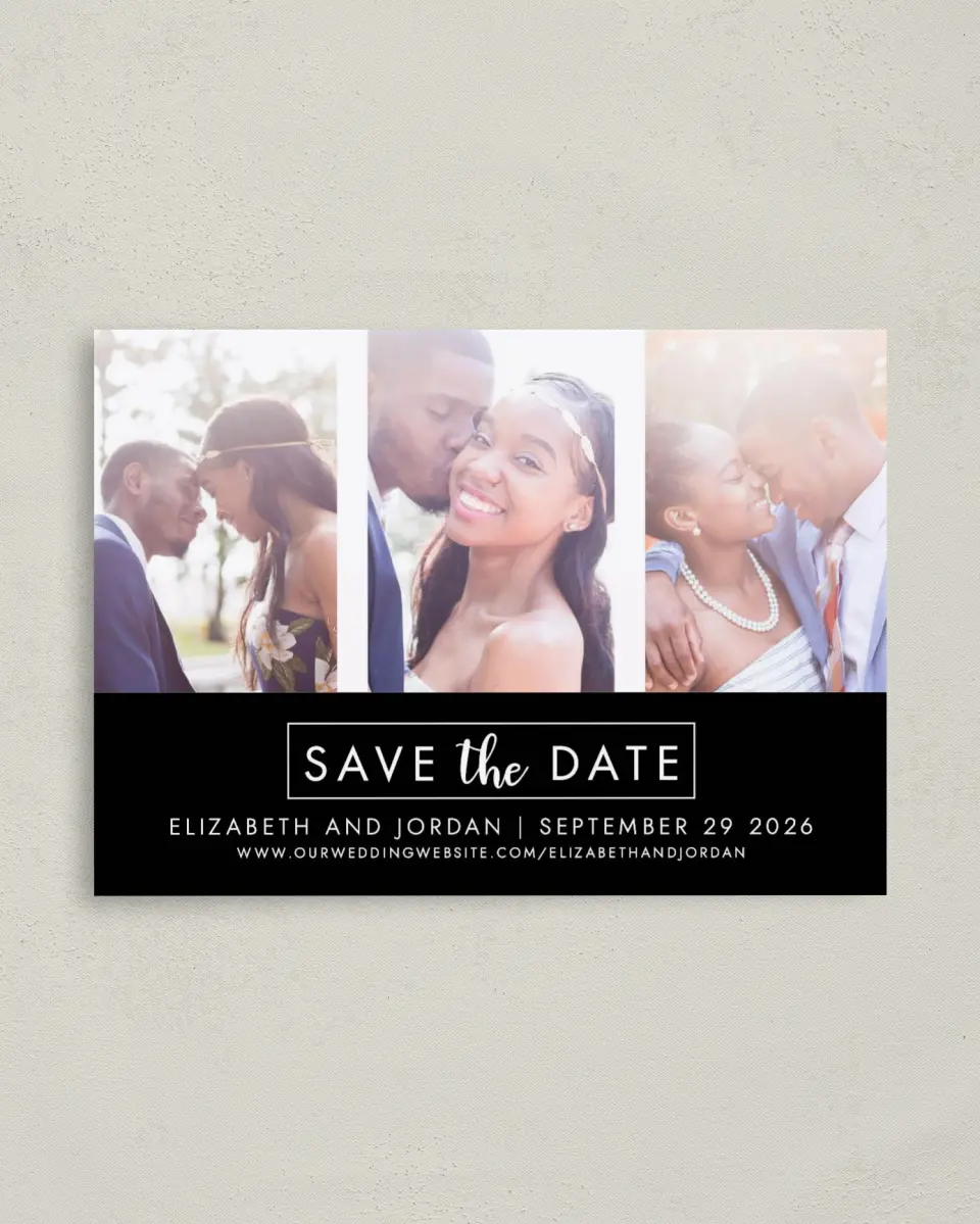 This is a 4" x 5.6" Save the Date Postcard called Shiny Joy printed in full color on Soft Touch Finish paper