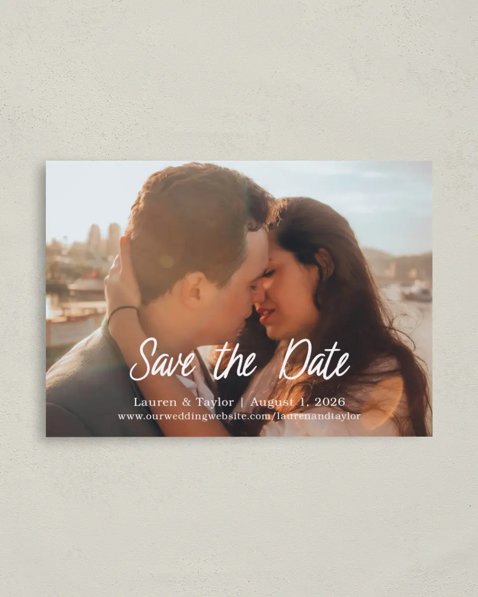 This is a 4" x 5.6" Save the Date Postcard called Close to You printed in full color on Soft Touch Finish paper