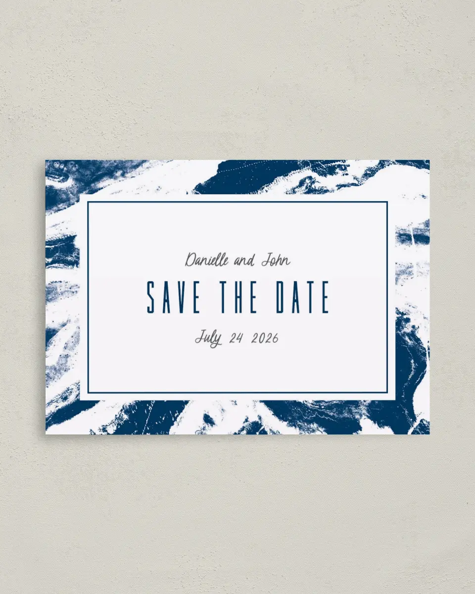 This is a 4" x 5.6" Save the Date Postcard called Love in Motion printed in full color on Soft Touch Finish paper