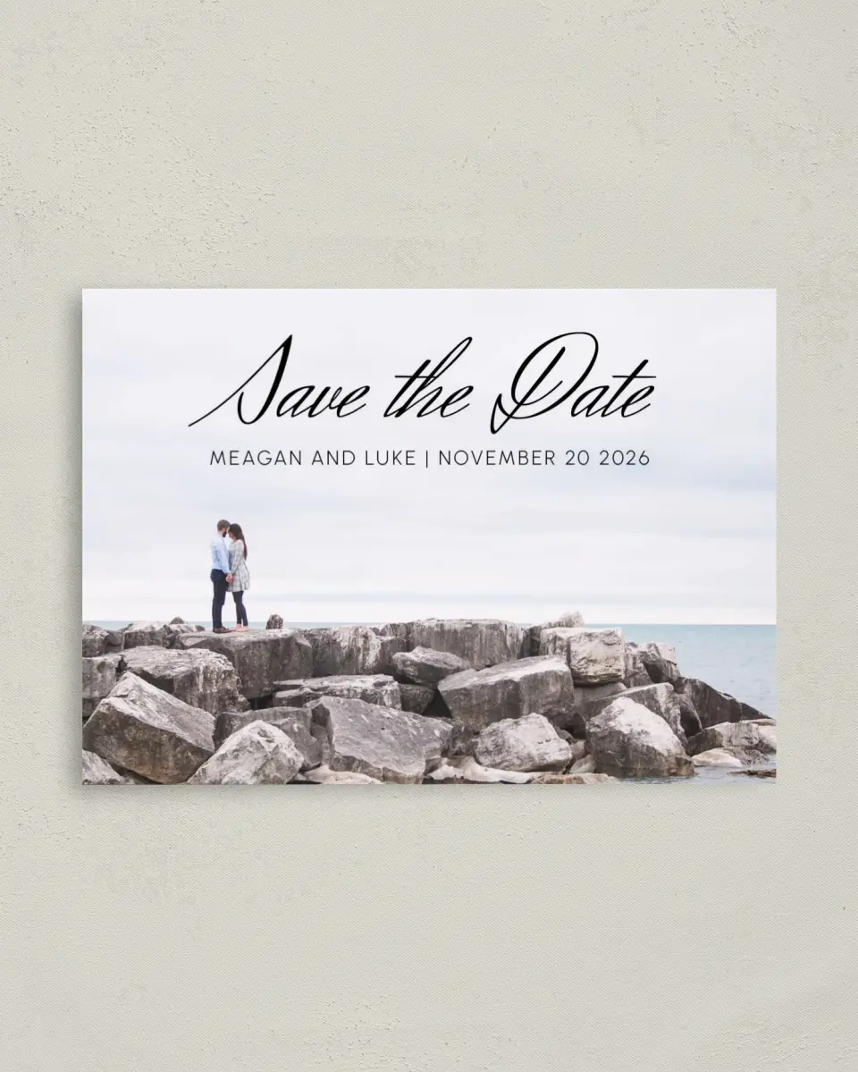 This is a 4" x 5.6" Save the Date Postcard called Tranquility printed in full color on Soft Touch Finish paper