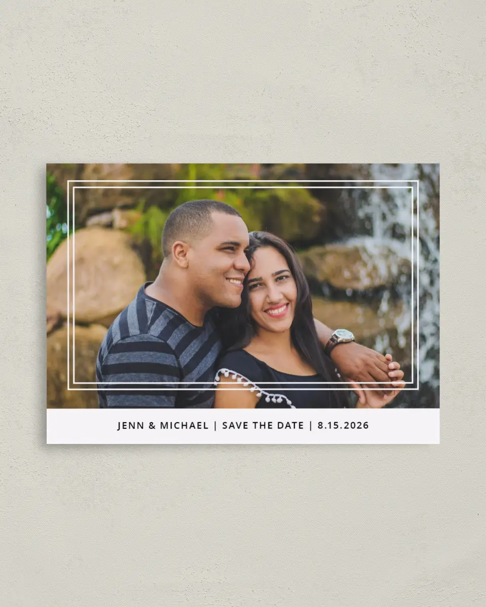 This is a 4" x 5.6" Save the Date Postcard called On My Mind printed in full color on Soft Touch Finish paper