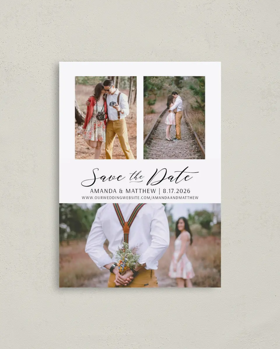 This is a 4" x 5.6" Save the Date Postcard called Lost in Love printed in full color on Soft Touch Finish paper