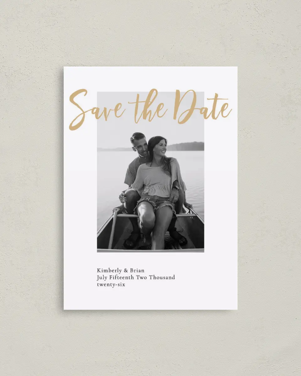 This is a 4" x 5.6" Save the Date Postcard called Adjoining Love printed in full color on Soft Touch Finish paper