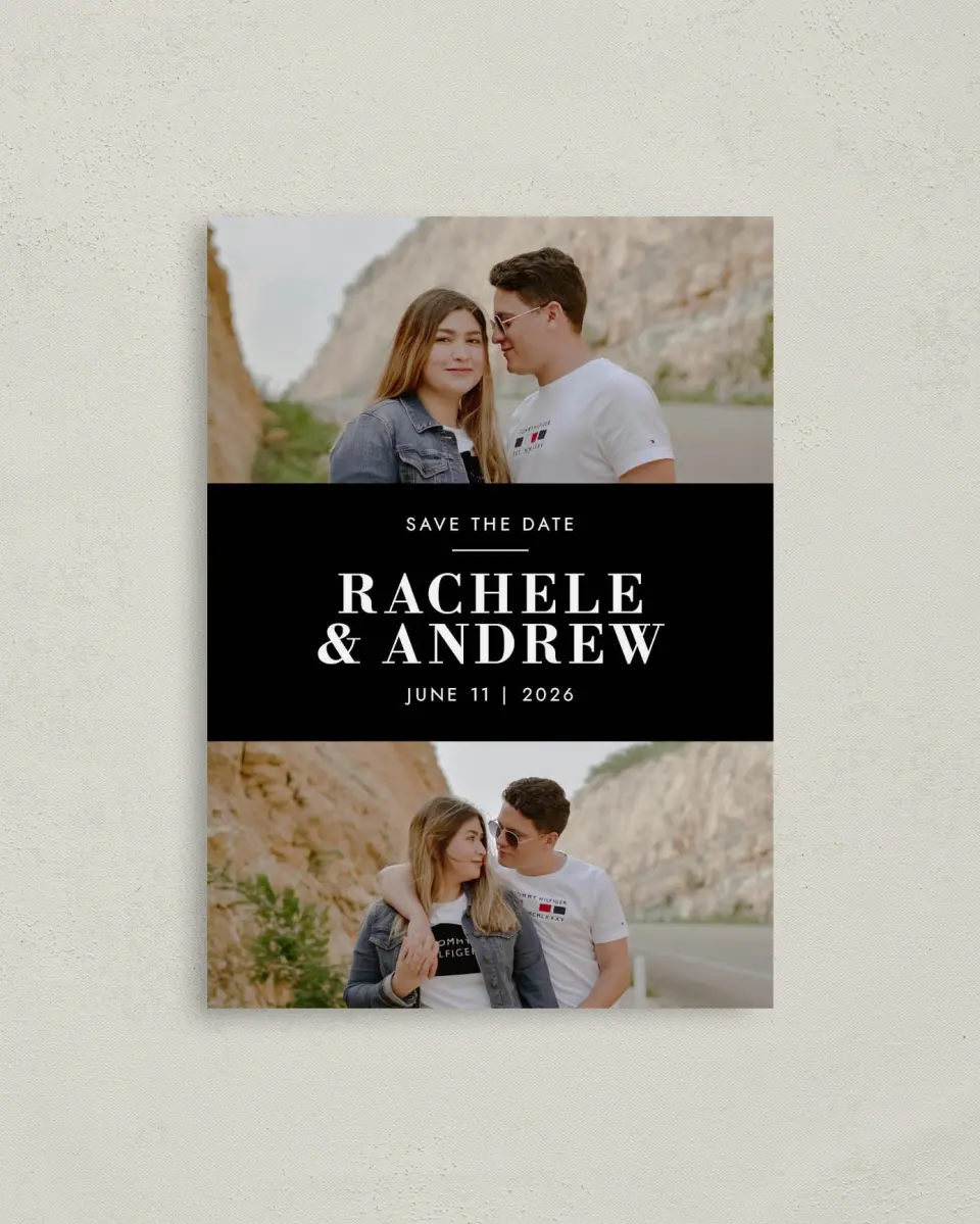 This is a 4" x 5.6" Save the Date Postcard called Love Boldly printed in full color with Rose Gold foil on Soft Touch Finish paper