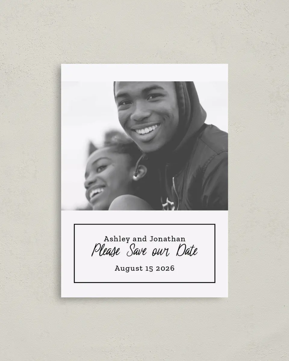 This is a 4" x 5.6" Save the Date Postcard called Romantic Splash printed in full color on Soft Touch Finish paper