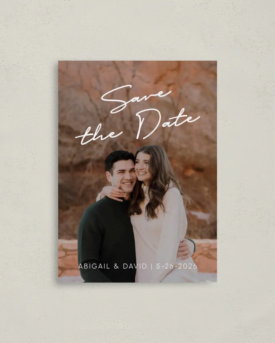 This is a 4" x 5.6" Save the Date Postcard called Sunset Vision printed in full color on Soft Touch Finish paper