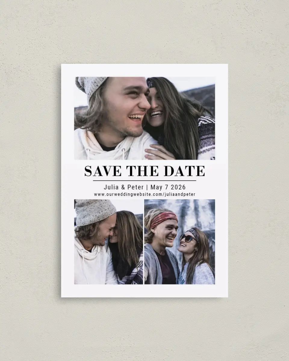 This is a 4" x 5.6" Save the Date Postcard called Swirl of Love printed in full color on Soft Touch Finish paper