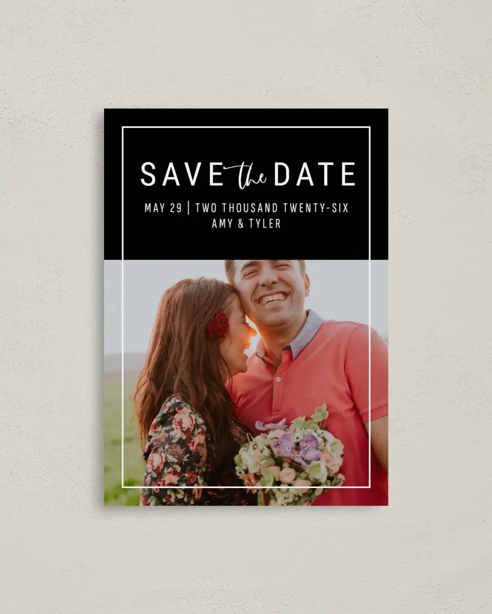 This is a 4" x 5.6" Save the Date Postcard called Bold & Daring printed in full color on Soft Touch Finish paper