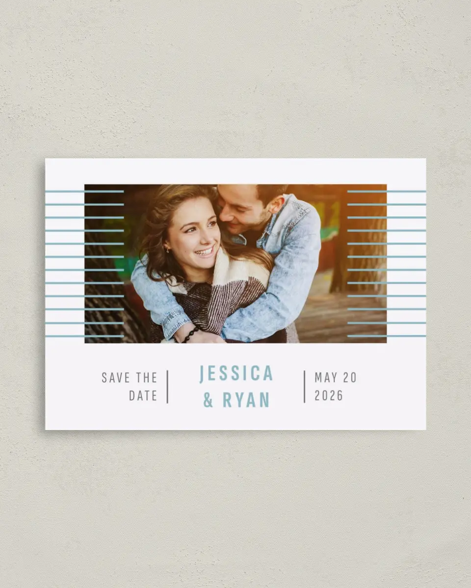 This is a 4" x 5.6" Save the Date Postcard called Luxe Lines printed in full color on Soft Touch Finish paper