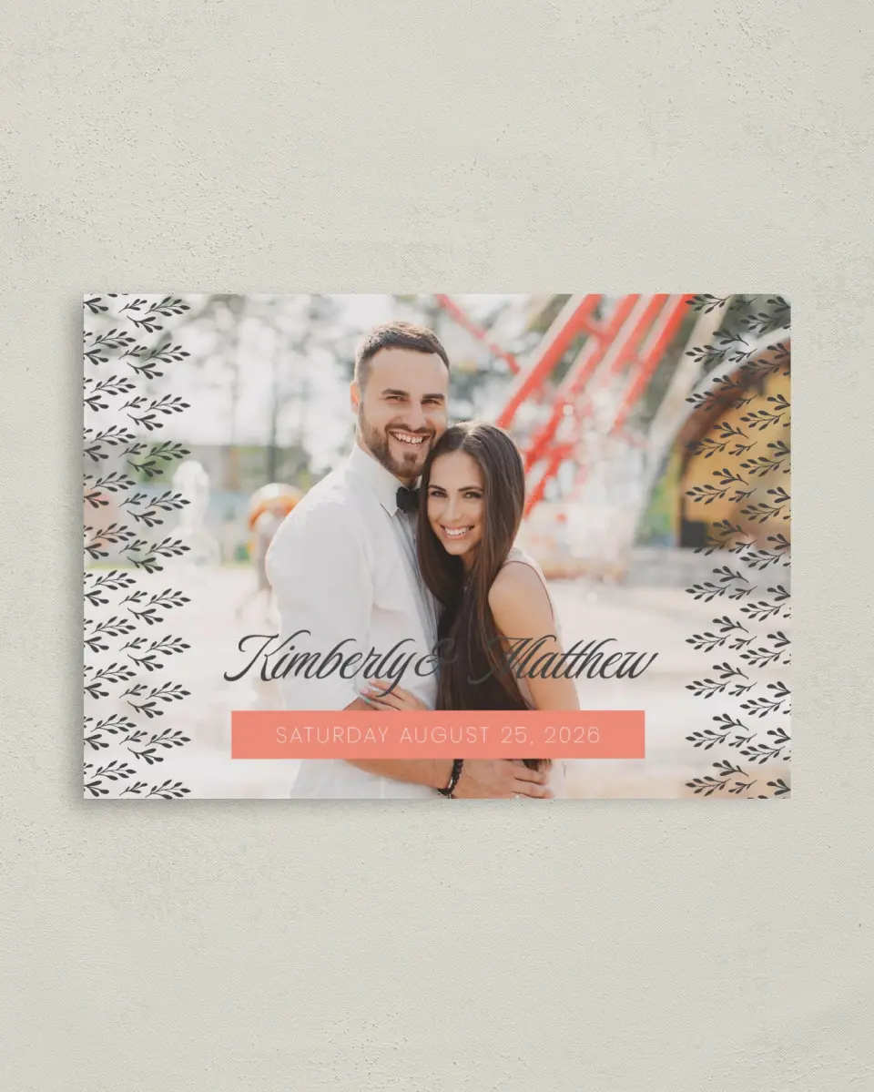 This is a 4" x 5.6" Save the Date Postcard called Fancy Foliage printed in full color on Soft Touch Finish paper