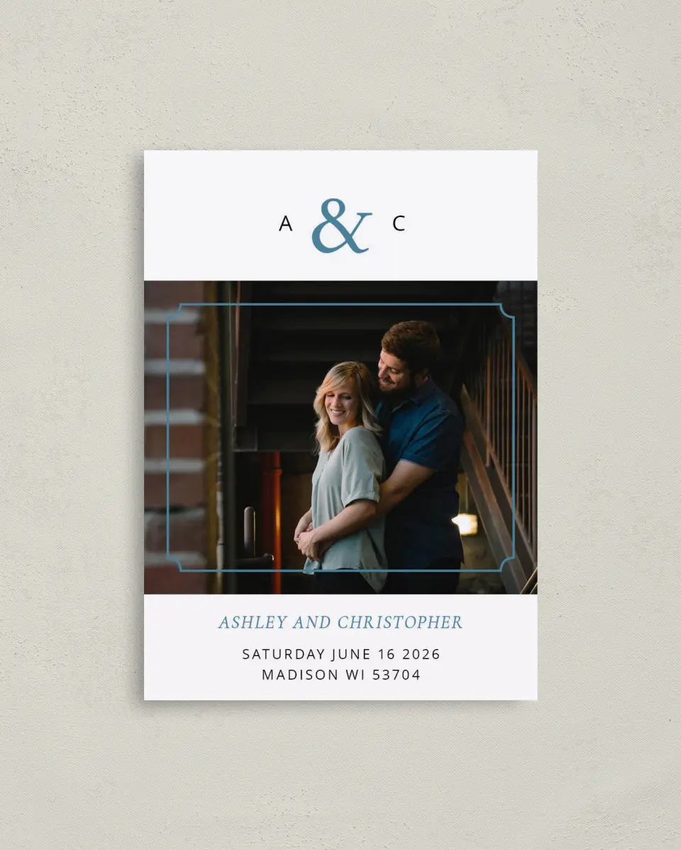 This is a 4" x 5.6" Save the Date Postcard called Gilded Ampersand printed in full color on Soft Touch Finish paper