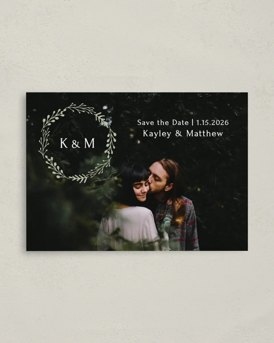 This is a 4" x 5.6" Save the Date Postcard called Enchanting Crown printed in full color with Silver foil on Soft Touch Finish paper