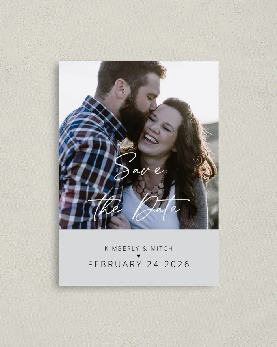 This is a 4" x 5.6" Save the Date Postcard called Harmonious Hearts printed in full color on Soft Touch Finish paper