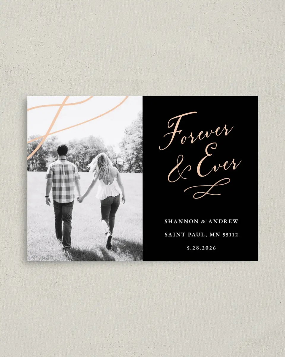 This is a 4" x 5.6" Save the Date Postcard called Modern Connection printed in full color on Soft Touch Finish paper
