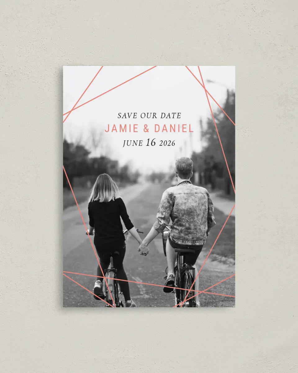 This is a 4" x 5.6" Save the Date Postcard called Starcrossed Love printed in full color on Soft Touch Finish paper
