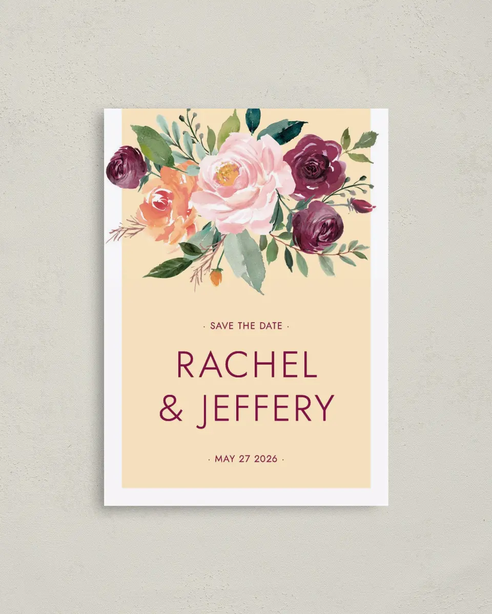 This is a 4" x 5.6" Save the Date Postcard called Country Florals printed in full color on Soft Touch Finish paper