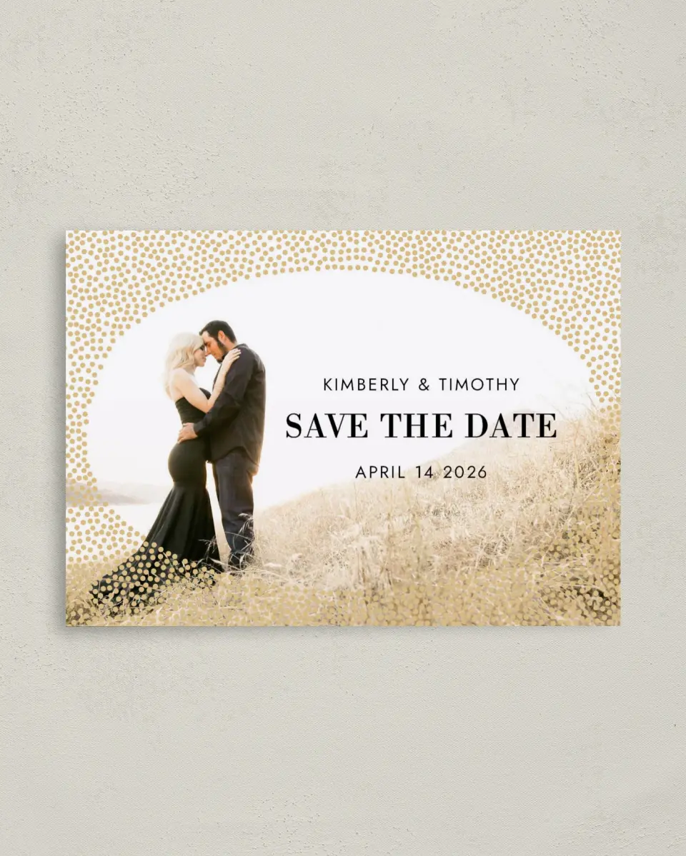This is a 4" x 5.6" Save the Date Postcard called Dreamy Dots printed in full color on Soft Touch Finish paper