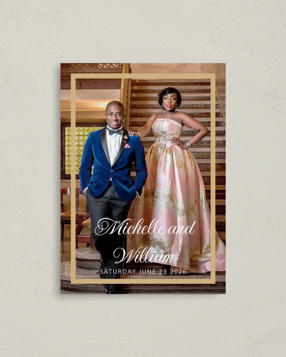 This is a 4" x 5.6" Save the Date Postcard called Gilded Opulence printed in full color on Soft Touch Finish paper