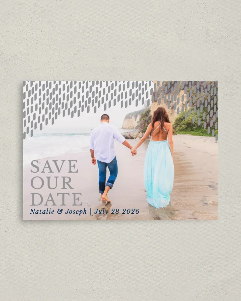 This is a 4" x 5.6" Save the Date Postcard called Modern Dash printed in full color on Soft Touch Finish paper