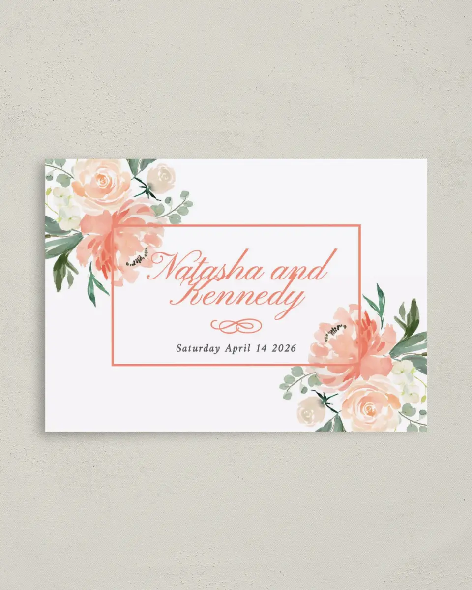 This is a 4" x 5.6" Save the Date Postcard called Luxe Floral printed in full color on Soft Touch Finish paper
