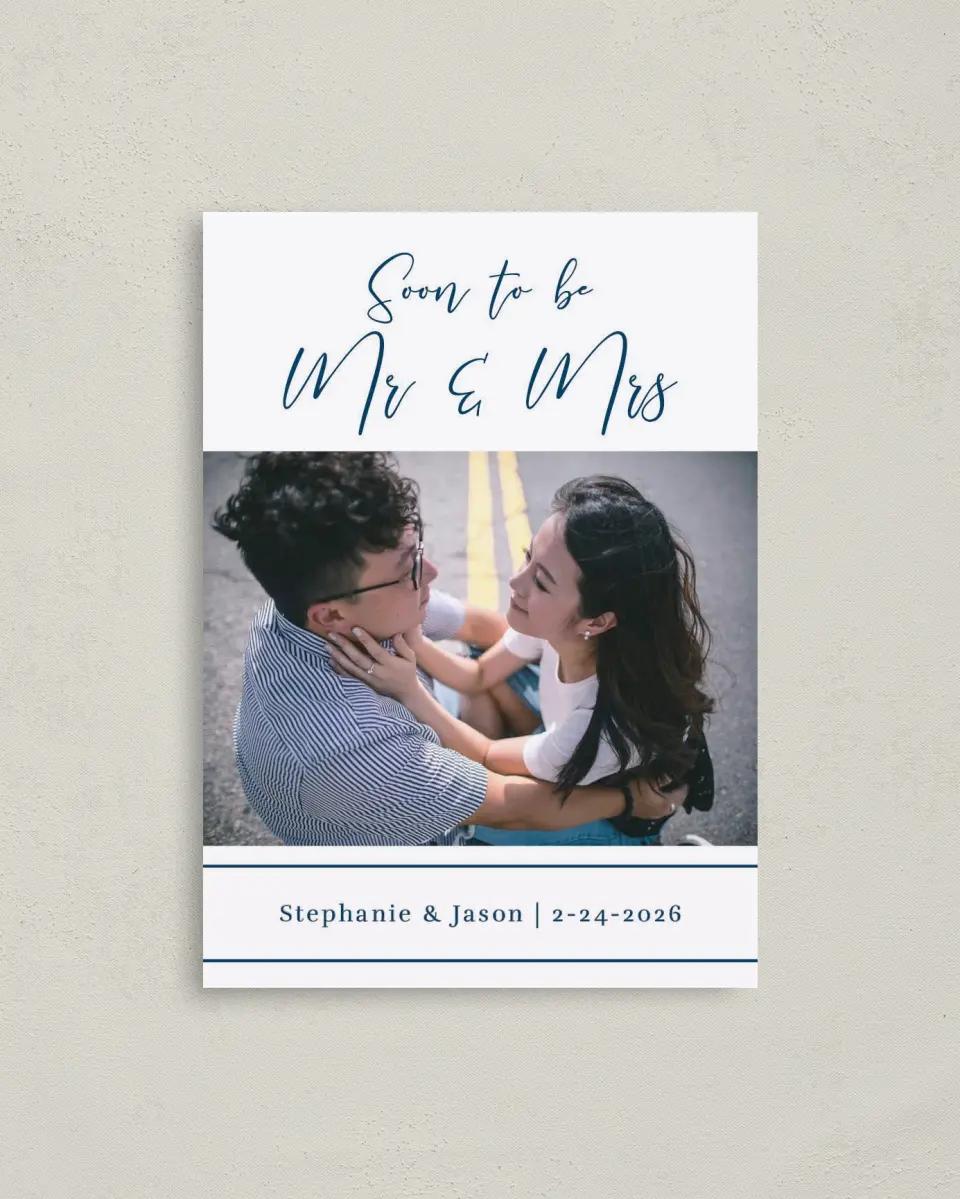 This is a 4" x 5.6" Save the Date Postcard called Road to Love printed in full color on Soft Touch Finish paper