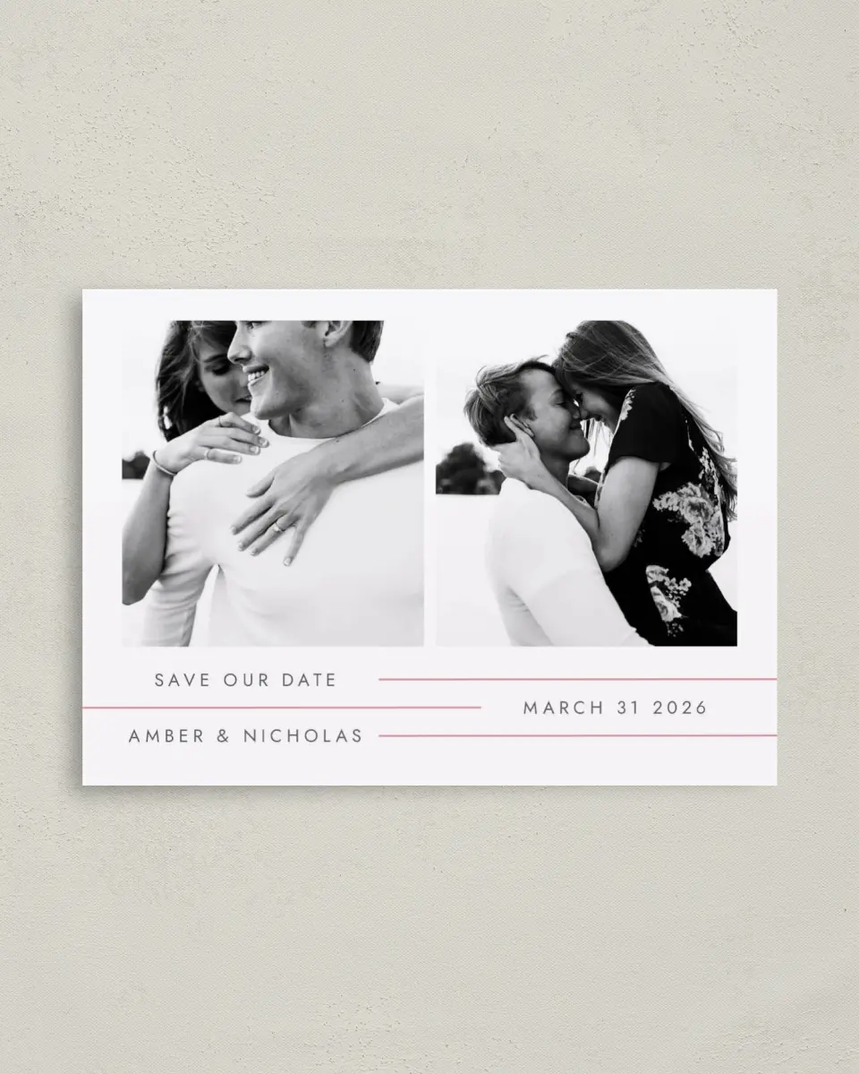 This is a 4" x 5.6" Save the Date Postcard called Glowing Tracks printed in full color on Soft Touch Finish paper
