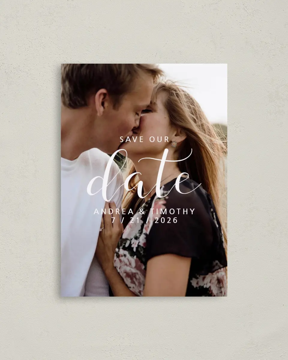 This is a 4" x 5.6" Save the Date Postcard called Modern Moments printed in full color on Soft Touch Finish paper