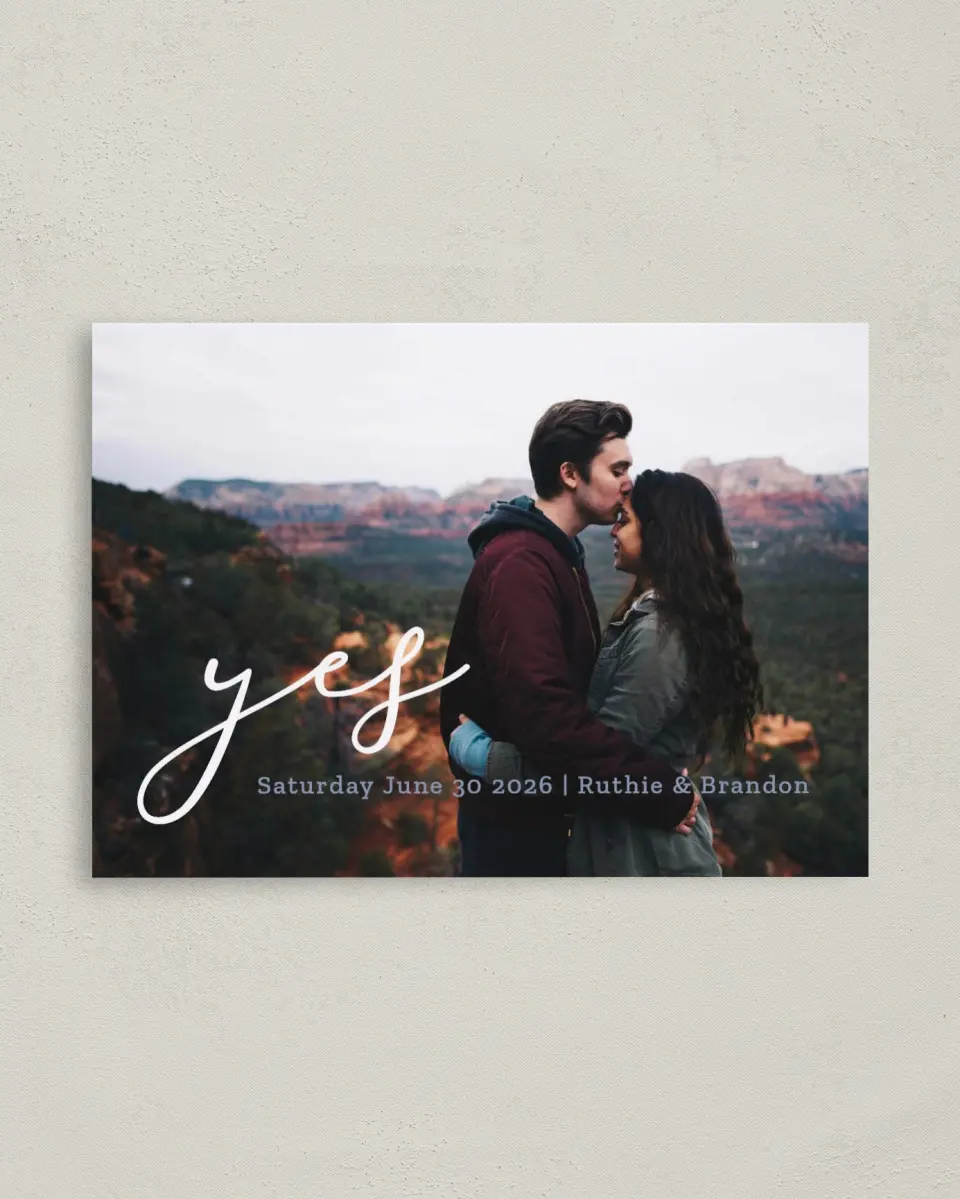 This is a 4" x 5.6" Save the Date Postcard called My Answer printed in full color on Soft Touch Finish paper