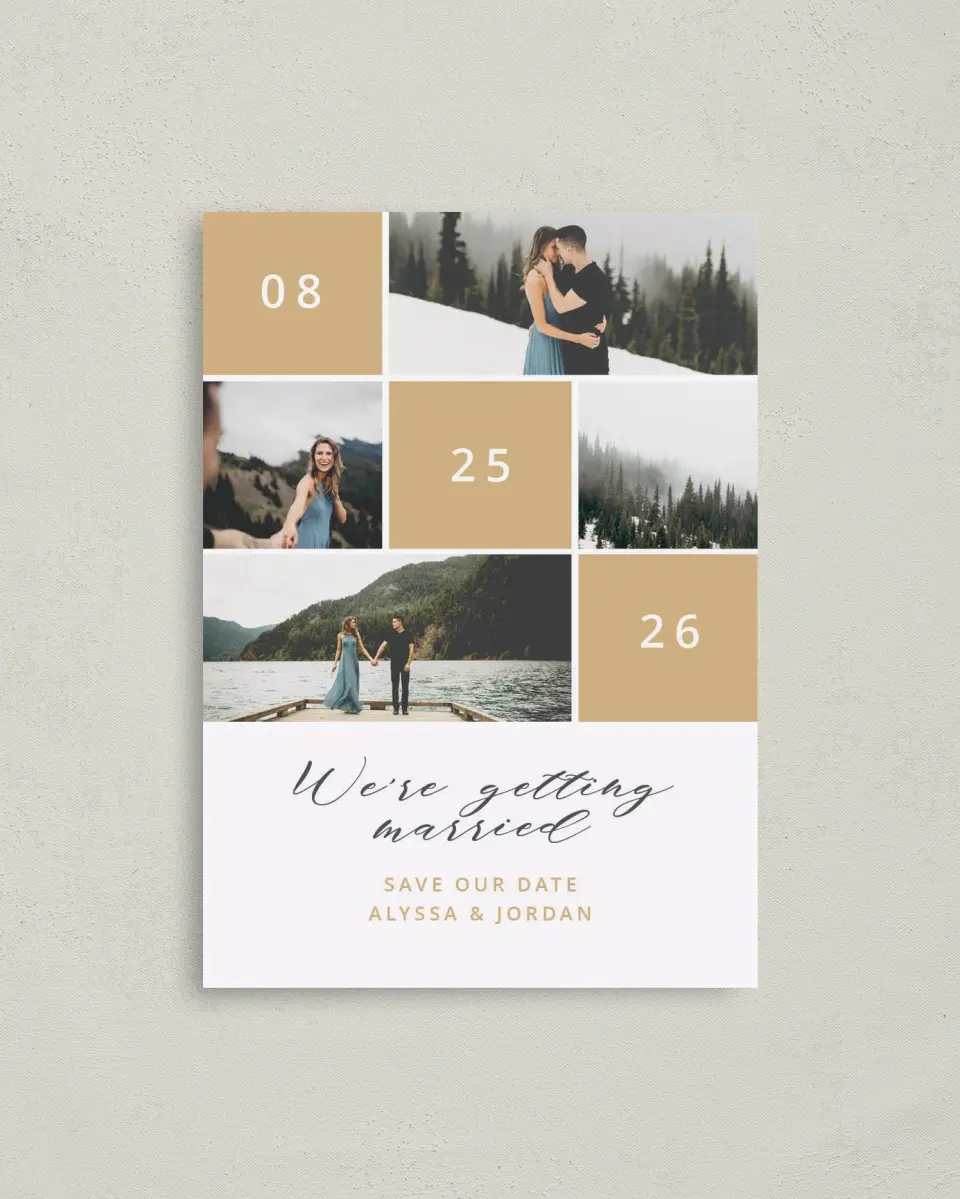 This is a 4" x 5.6" Save the Date Postcard called Photo Patchwork printed in full color on Soft Touch Finish paper