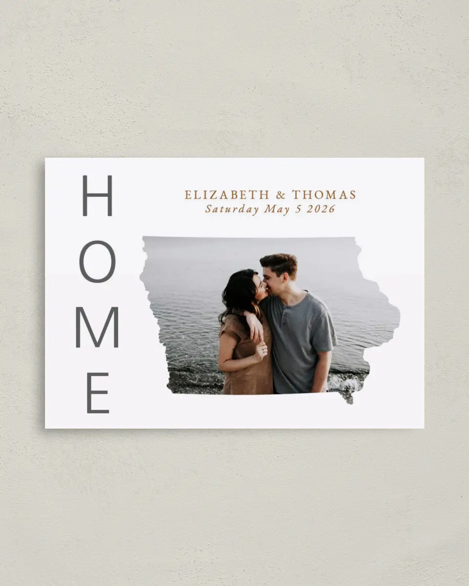 This is a 4" x 5.6" Save the Date Postcard called Home Together printed in full color on Soft Touch Finish paper