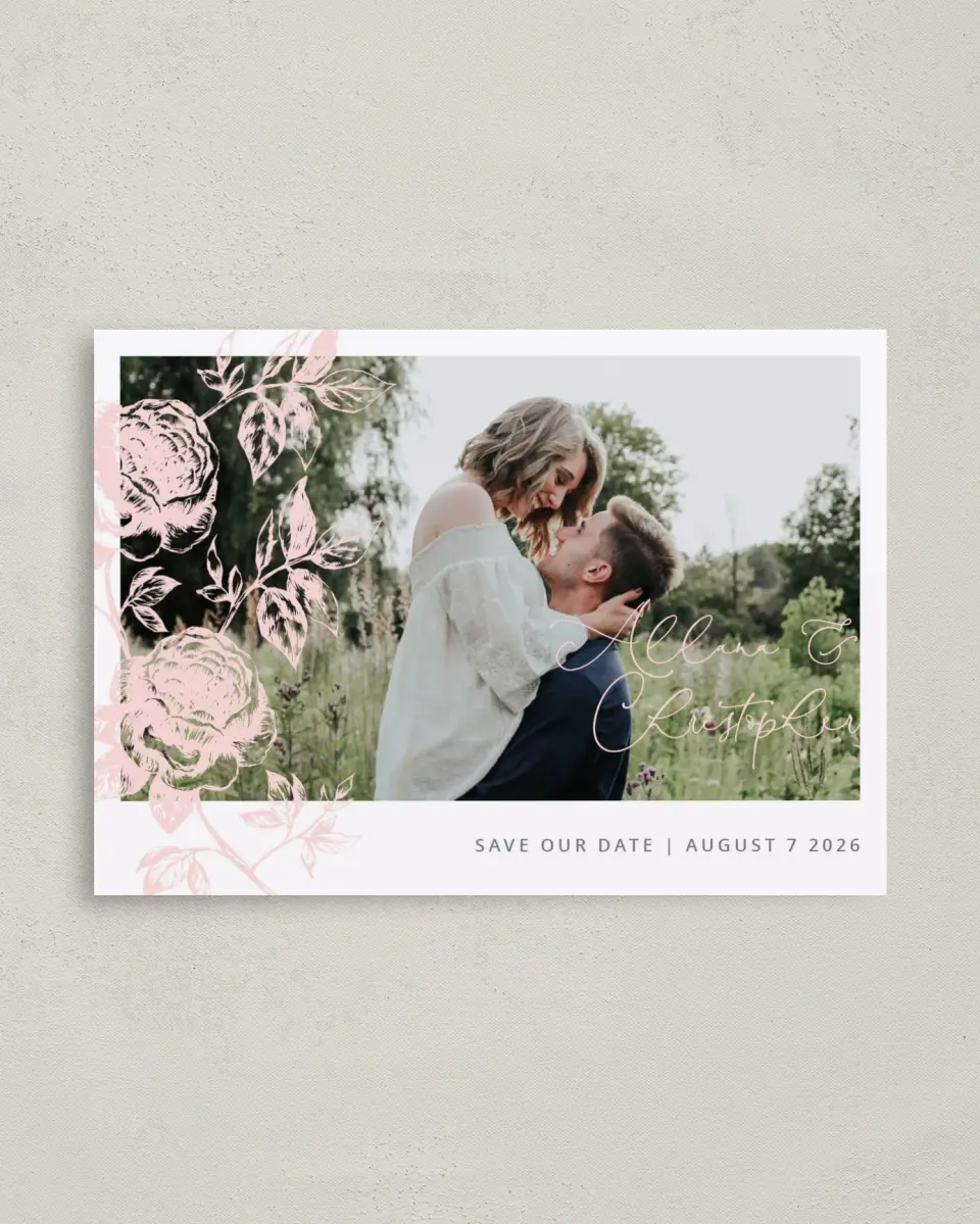 This is a 4" x 5.6" Save the Date Postcard called Stamped Elegance printed in full color on Soft Touch Finish paper