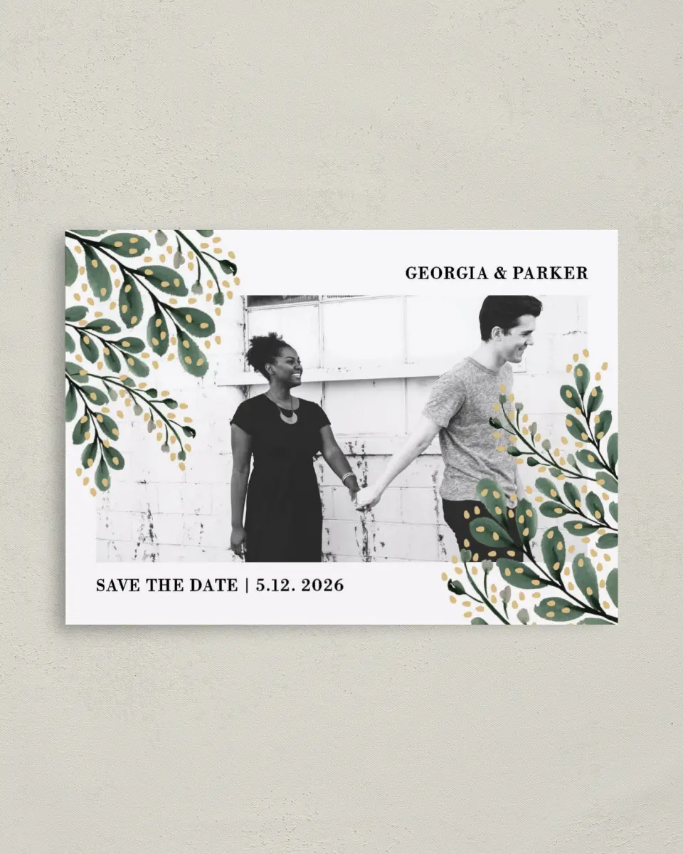 This is a 4" x 5.6" Save the Date Postcard called Gilded Laurels printed in full color on Soft Touch Finish paper