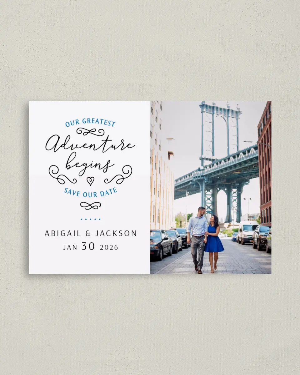 This is a 4" x 5.6" Save the Date Postcard called Greatest Adventure printed in full color on Soft Touch Finish paper