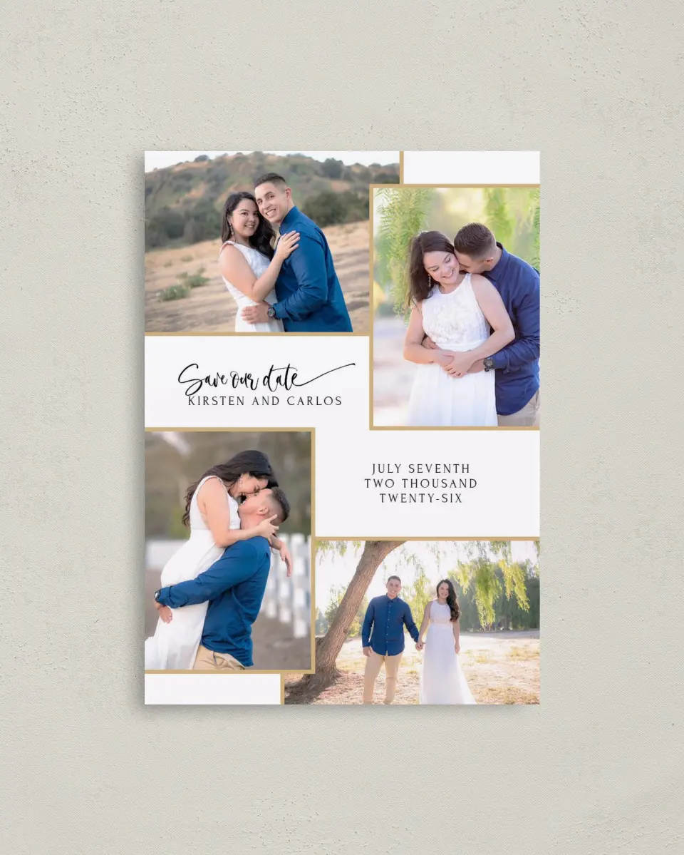 This is a 4" x 5.6" Save the Date Postcard called Love Squared printed in full color on Soft Touch Finish paper