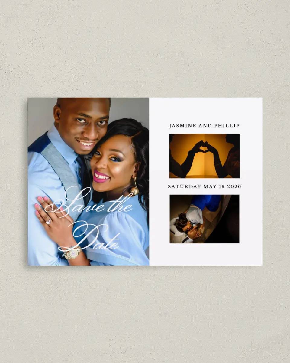 This is a 4" x 5.6" Save the Date Postcard called Ravishing Scrolls printed in full color on Soft Touch Finish paper