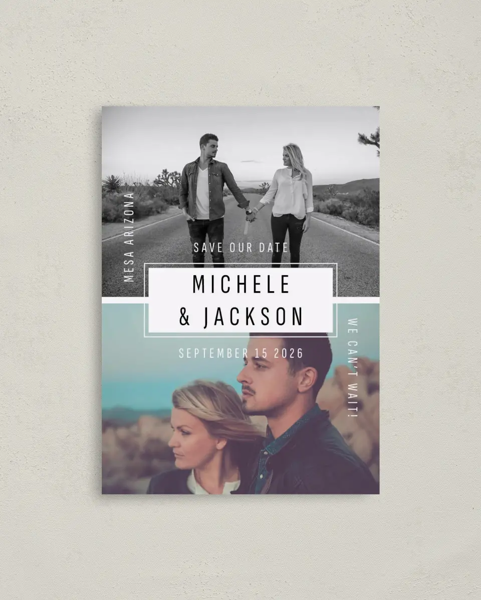 This is a 4" x 5.6" Save the Date Postcard called We Can't Wait printed in full color on Soft Touch Finish paper