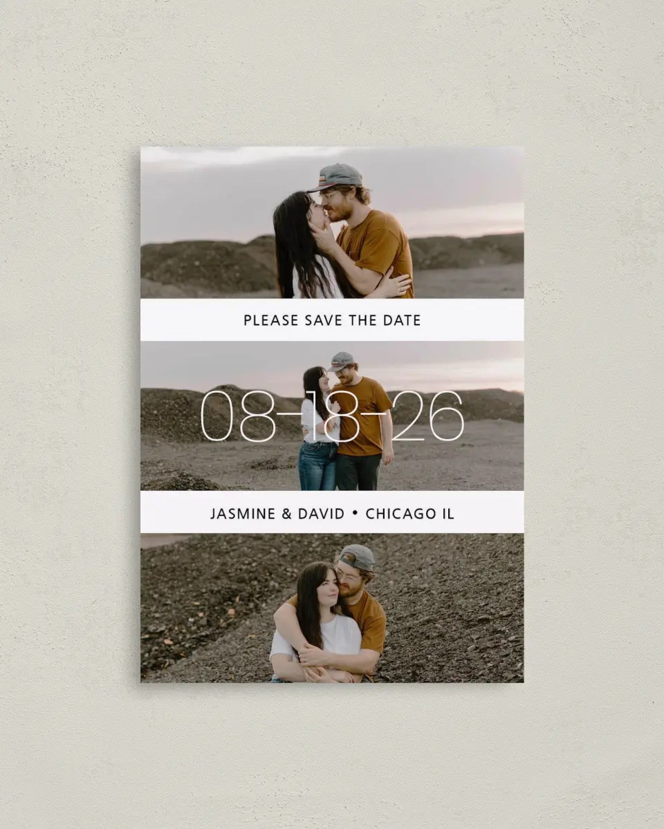 This is a 4" x 5.6" Save the Date Postcard called Splendid Stripes printed in full color on Soft Touch Finish paper