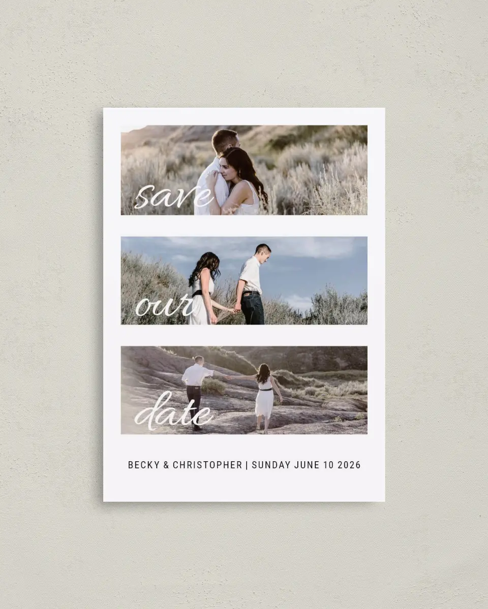 This is a 4" x 5.6" Save the Date Postcard called Tranquil Trio printed in full color on Soft Touch Finish paper