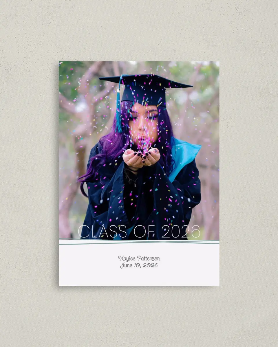 This is a 4" x 5.6" Graduation Announcement Postcard called Journey to Forever printed in full color on Soft Touch Finish paper