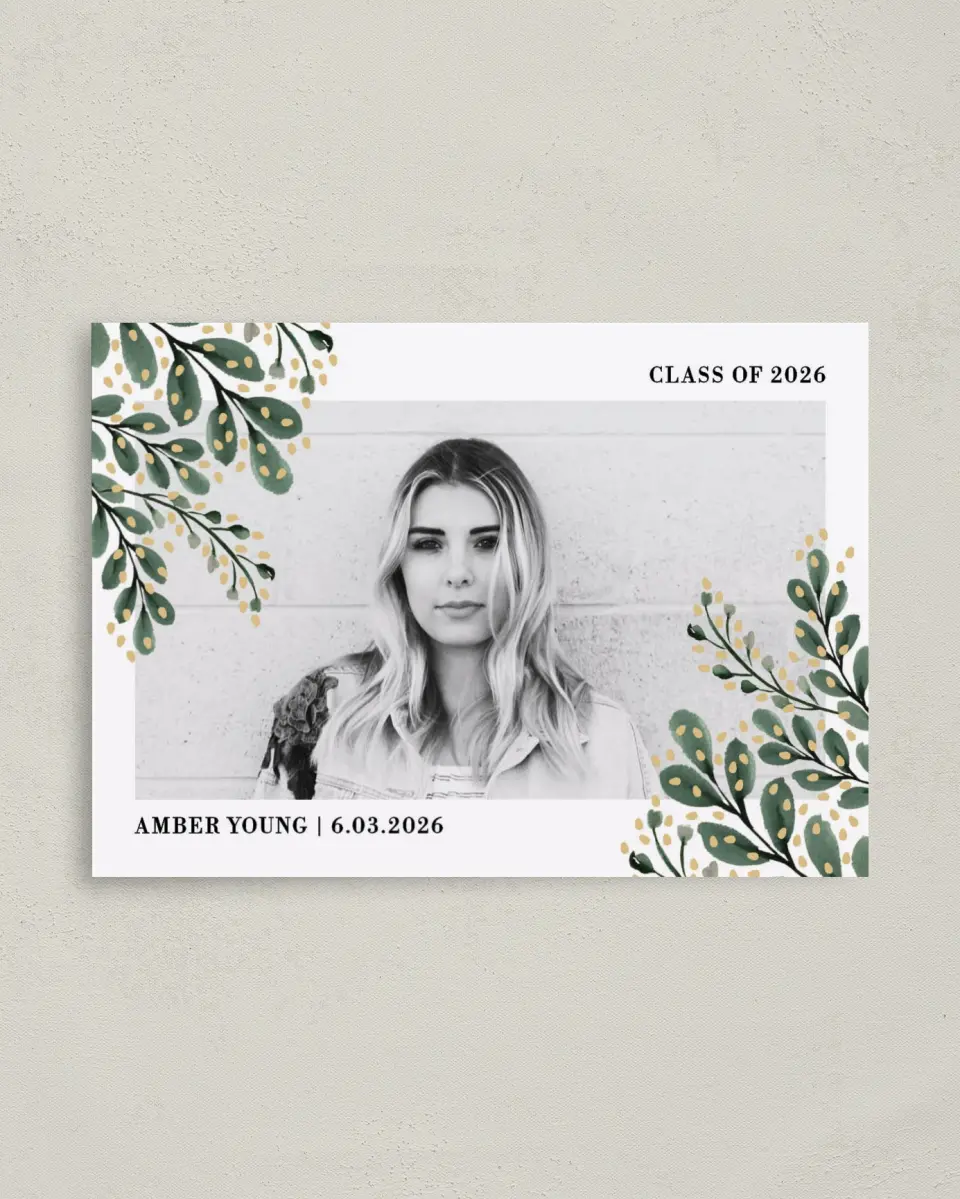 This is a 4" x 5.6" Graduation Announcement Postcard called Shining Laurels printed in full color on Soft Touch Finish paper