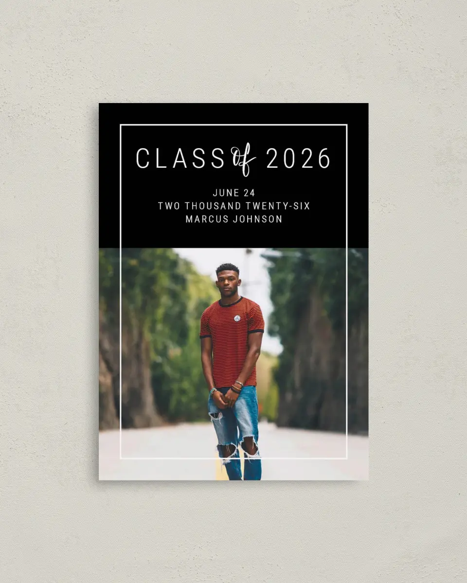 This is a 4" x 5.6" Graduation Announcement Postcard called New Journey printed in full color on Soft Touch Finish paper