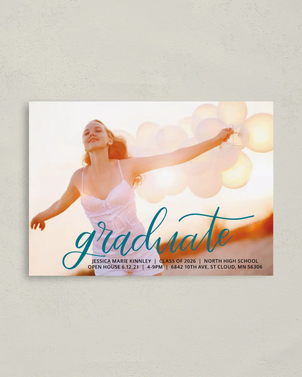 This is a 4" x 5.6" Graduation Announcement Postcard called Gilded Grad printed in full color on Soft Touch Finish paper