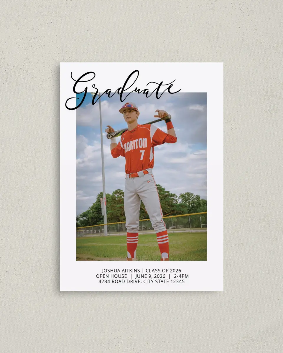This is a 4" x 5.6" Graduation Announcement Postcard called Grad Gallery printed in full color on Soft Touch Finish paper
