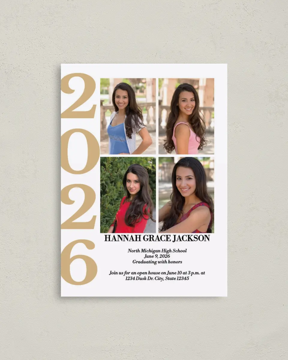 This is a 4" x 5.6" Graduation Announcement Postcard called Bright Class printed in full color on Soft Touch Finish paper